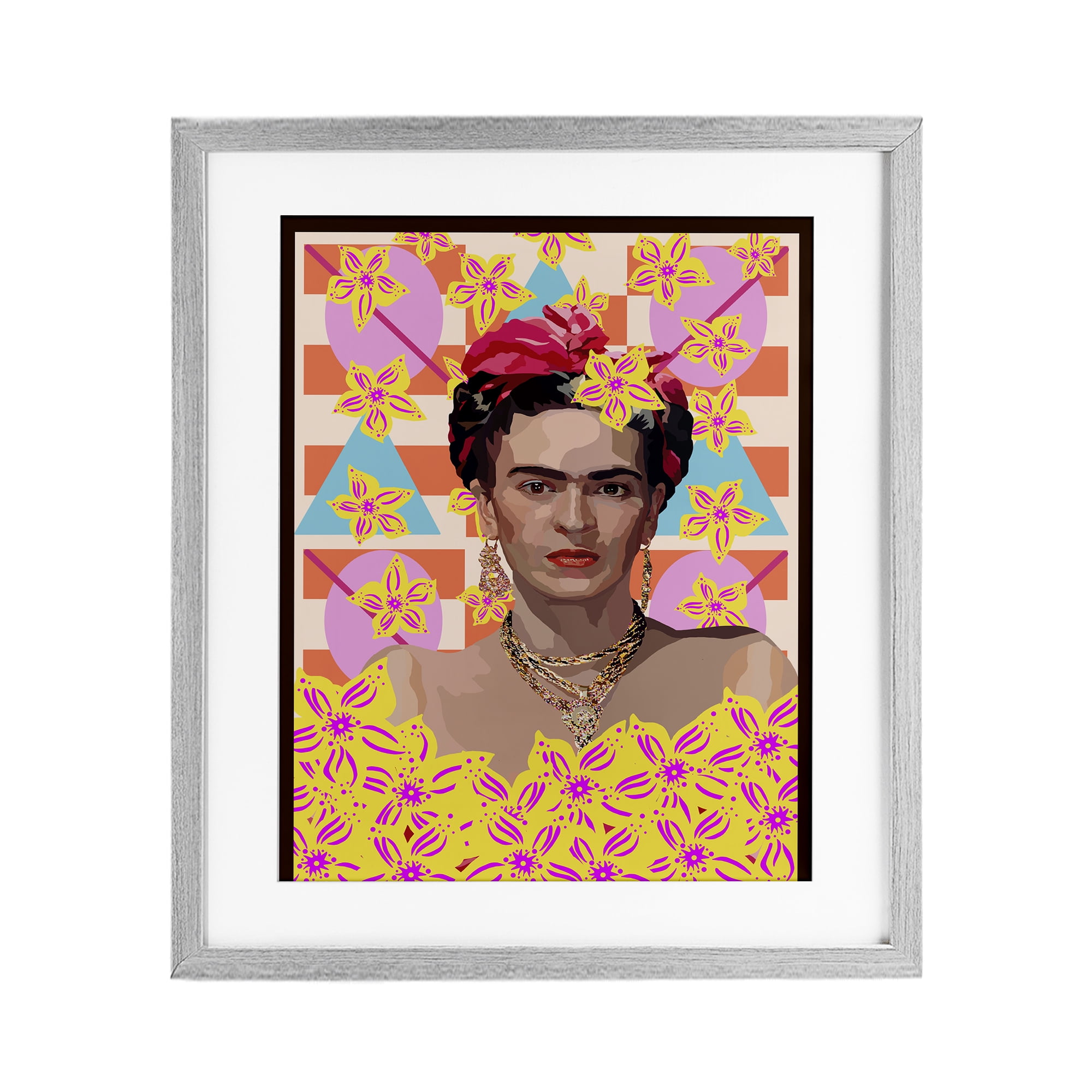 Frida's Floral Journey Gray Framed Print Under Glass, design by Lynnda Rakos