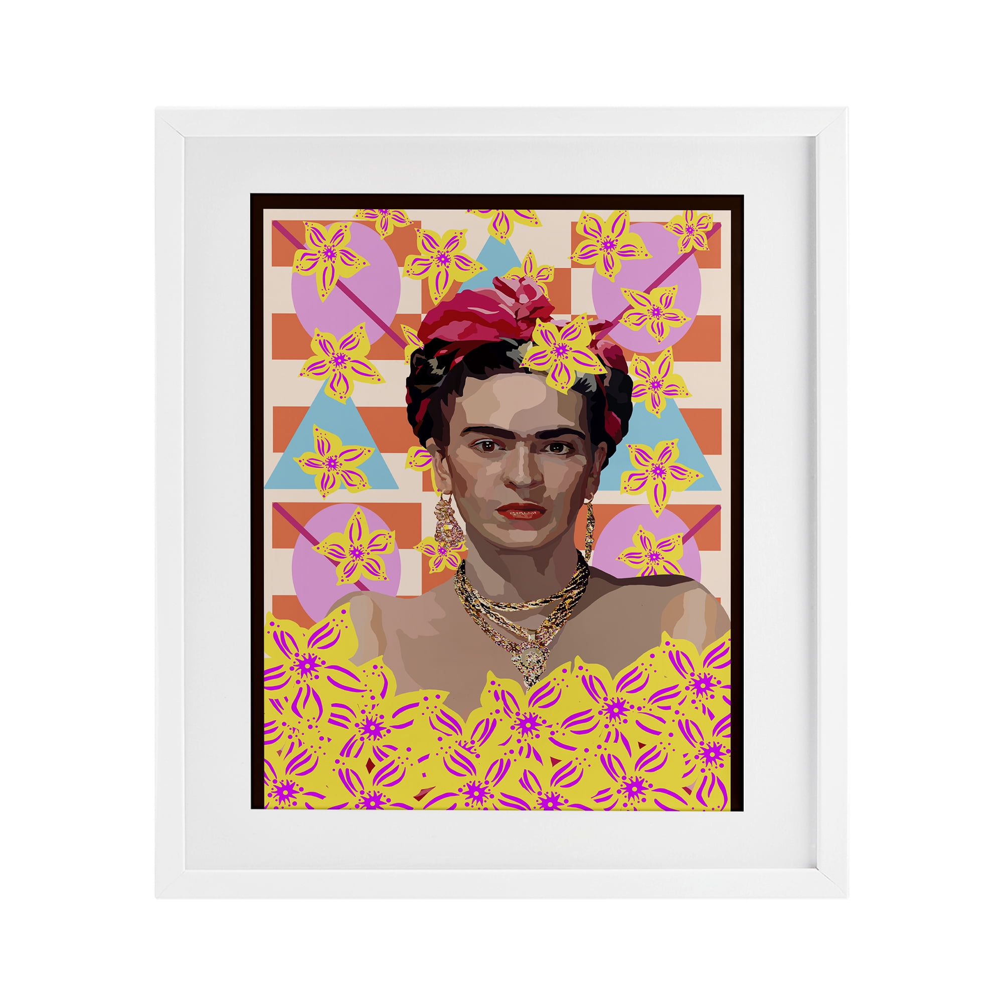 Frida's Floral Journey White Framed Print Under Glass, design by Lynnda Rakos