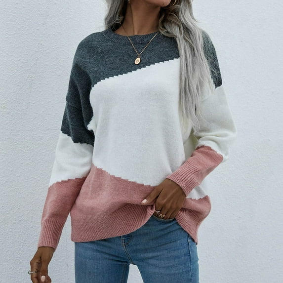 Kojanyu Textured Knit Sweater with Mixed Material Panels - Ladies And Winter Loose Top Piece Piece Sleeve Knit Sweater Crew Neck Crew Neck Sweater