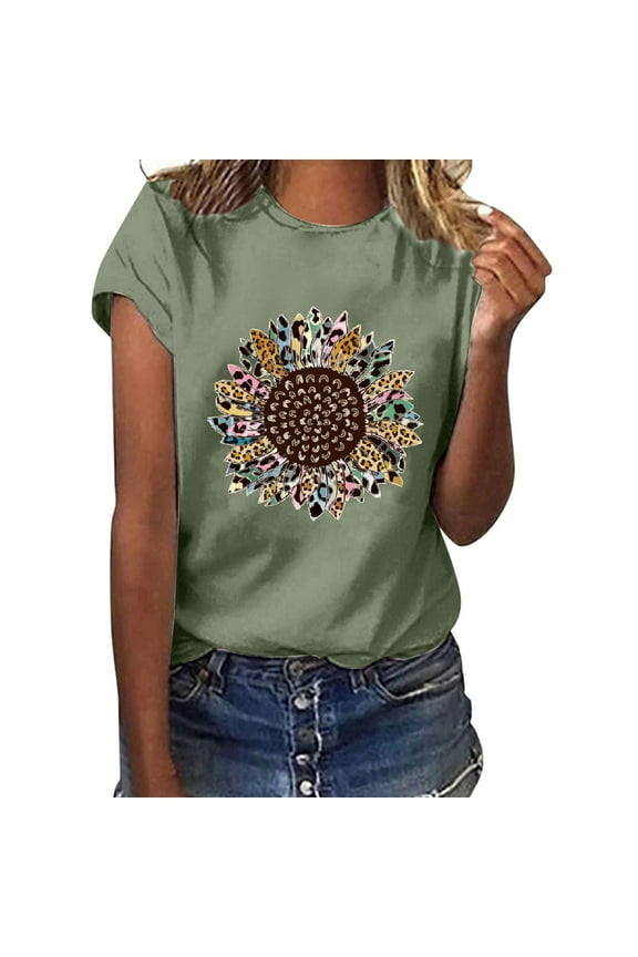 Lulshou Sunflower Print Relaxed-Fit T-Shirt - Women Casual Letter Printing Short Sleeves Loose T-Shirt Blouse Tops