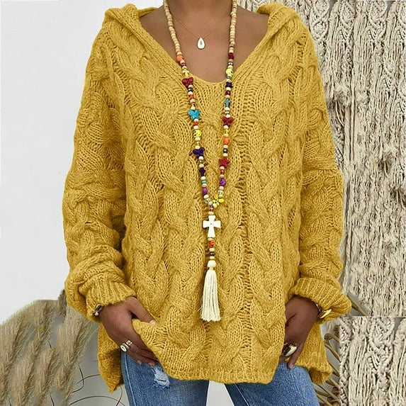 VALSEEL Oversized Hooded Sweater with Minimalist Design Women Fashion Loose Large Size Color Hood Long Sleeves Sweater Tops Cable Knit Winter Sweater
