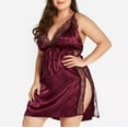 thumbnail image 1 of Friday Deals Xysaqa Women Plus Size Satin Lace Chemise Nightgown Ladies Sexy Nightwear V Neck Spaghetti Strap Full Slip Sleepwear Side Slit Mini Sleep Dress Wine M, 1 of 5