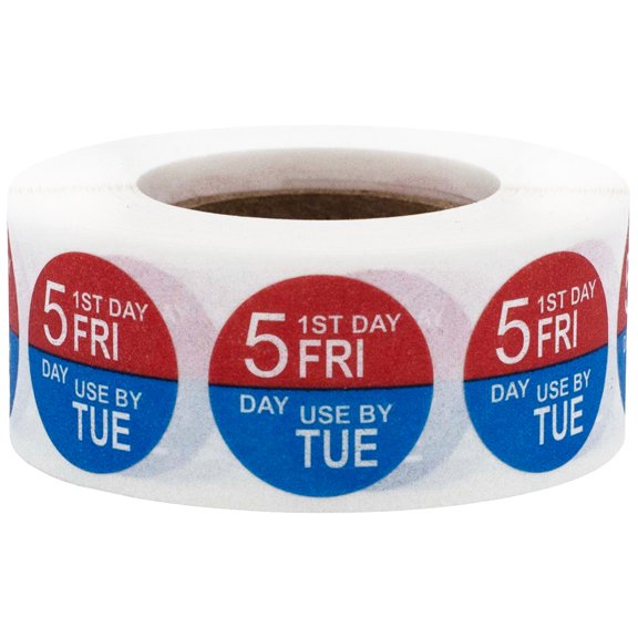 Friday Dissolvable 5 Day Food Rotation Preparation Shelf Life Circle Stickers, 0.75 Inch Round, 500 Labels on a Roll