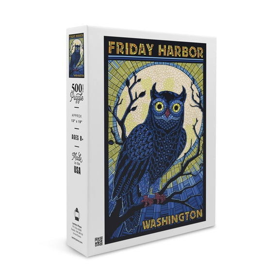 Friday Harbor, Washington, Owl Mosaic (19x27 inches, Premium 500 Piece Jigsaw Puzzle for Adults and Family, Made in USA)