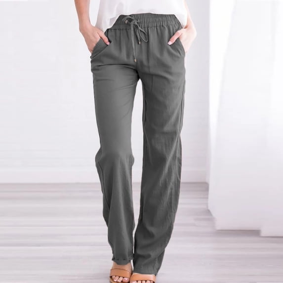 Kojanyu Linen Drawstring Pants with Wide-Leg Design for Summer Women Casual Cotton And Linen Solid Drawstring Elastic Waist Long Straight Pants