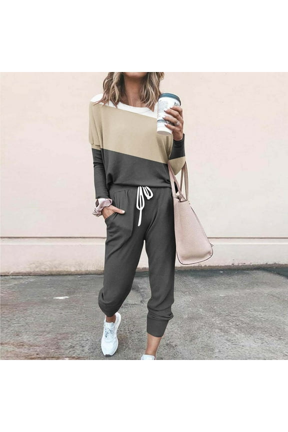 Color-Block Long-Sleeve Loungewear Set for Comfort - Women's Fashionable Loose Fitting Color Matching Long Sleeved Casual Set