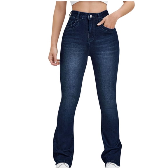 Kojanyu Women Jeans Women's Jeans Fashion Middle-Waisted Straight Pocket Hole Long Pants/Blue 16(4Xl)