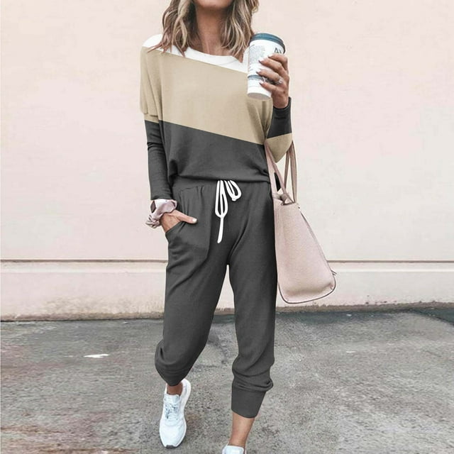 Friday Savings！Kojanyu Women's Fashionable Loose Fitting Color Matching Long Sleeved Casual Set 2Pc Set/Khaki 6(M)