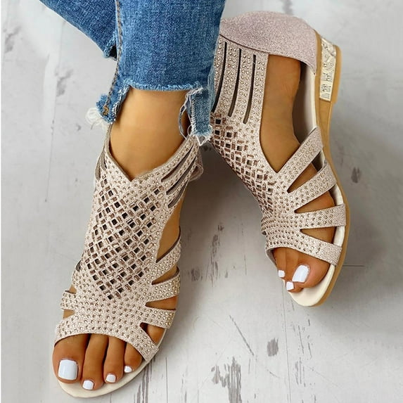 LoyisViDion Women’S Sandals Clearance Rhinestone Hollow Back Zipper Round Toe Hollow Sandals Roman Shoes Women Flash Picks Beige 8