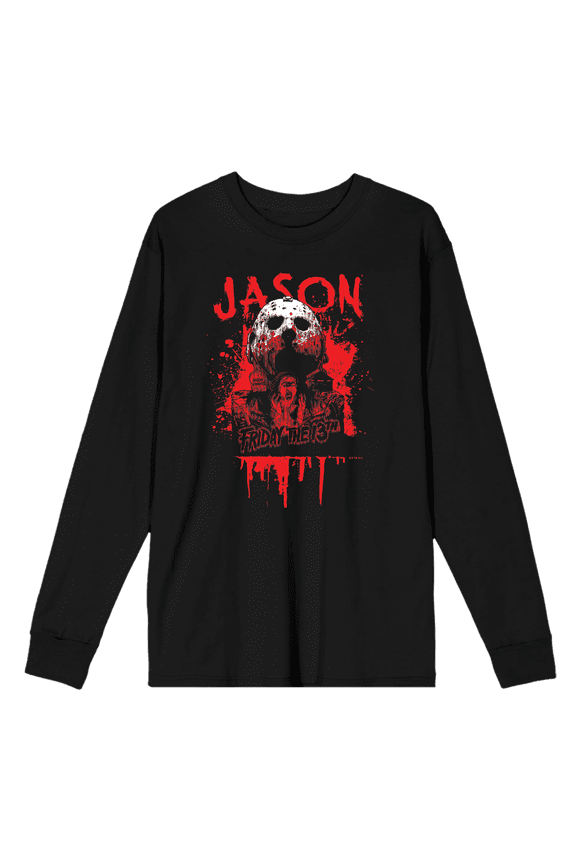 Friday The 13th Blood Splatter Jason Mask Crew Neck Long Sleeve Unisex Adult Tee-Medium