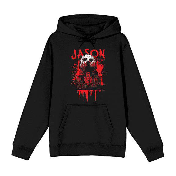 Friday The 13th Blood Splatter Jason Mask Long Sleeve Adult Hooded Sweatshirt-Large