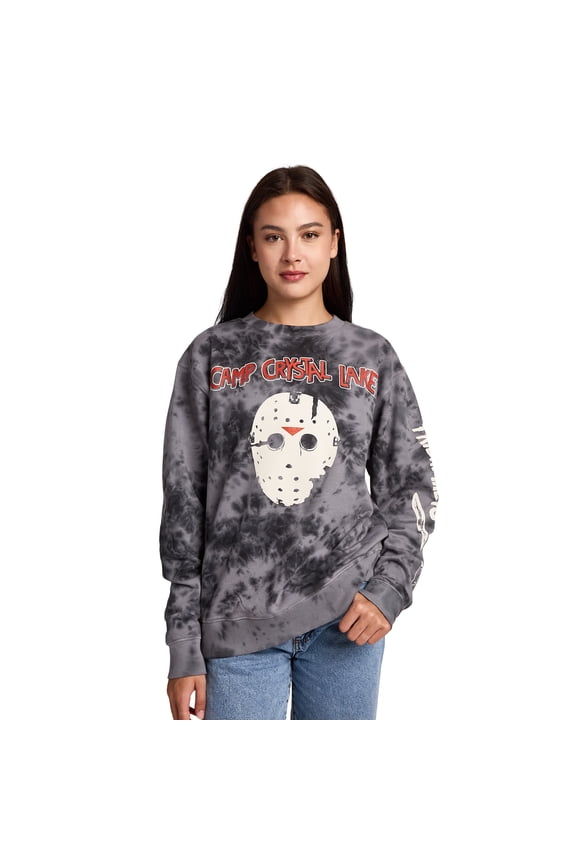 Friday The 13th Camp Crystal Lake Mask Women's Black Crew Neck Long Sleeve Fleece Sweatshirt -Large