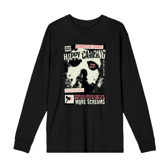 Friday The 13th Happy Camping Adult Black Crew Neck Long Sleeve Tee-Medium