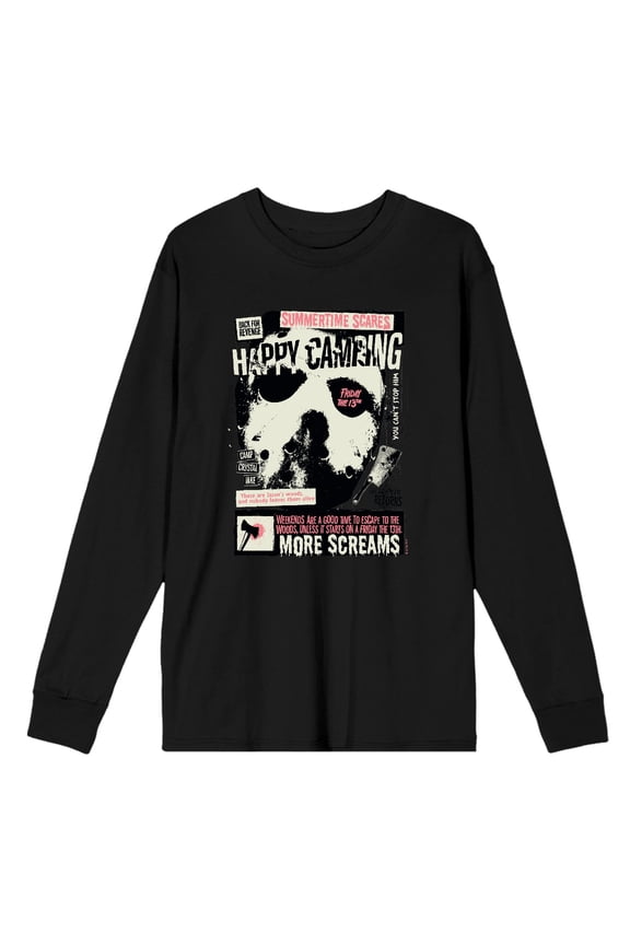 Friday The 13th Happy Camping Adult Black Crew Neck Long Sleeve Tee-Small