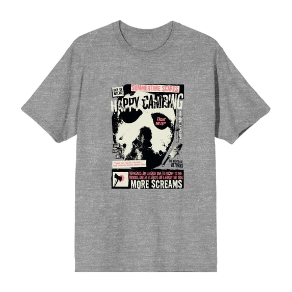 Friday The 13th Happy Camping Men's Heather Gray Crew Neck Short Sleeve Tee-Medium