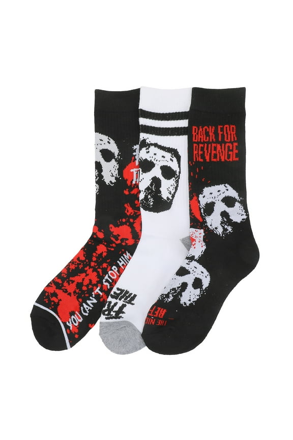 Friday The 13th Jason Mask Men's 3-Pair Pack Glow-In-The-Dark Athletic Crew Socks