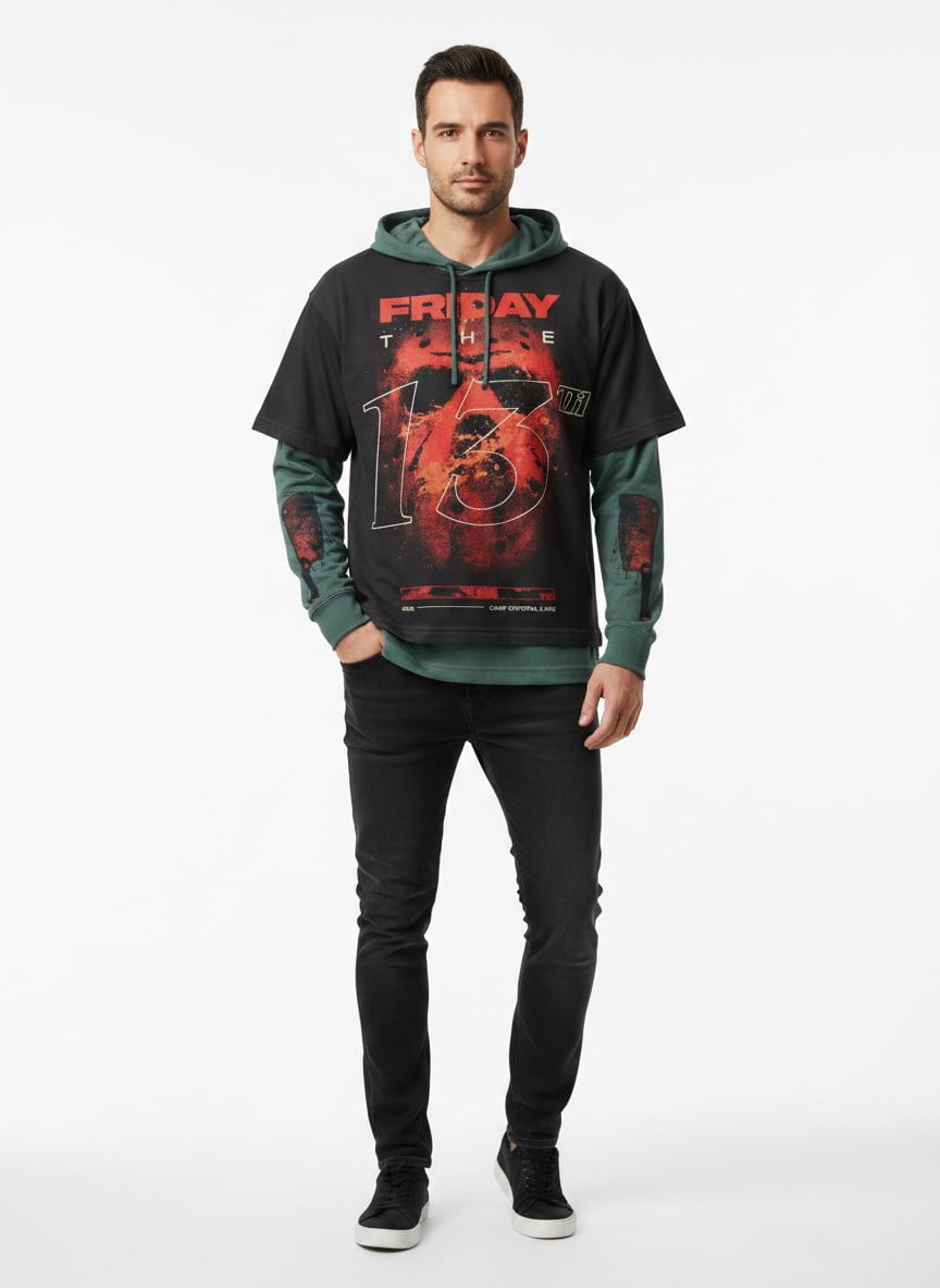 Friday the 13th Men's Halloween Layered Look Graphic Tee with Long Sleeve Hoodie, Sizes XS-3XL