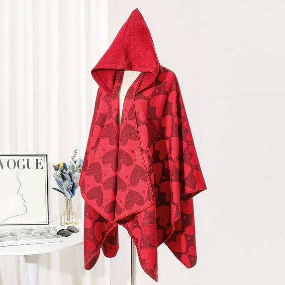 Friday Xysaqa Women's Cute Heart Print Hooded Cloak Blanket Open Front Poncho Cape with Hood Shawl Wrap Cardigan Sweater Gifts for Women Red