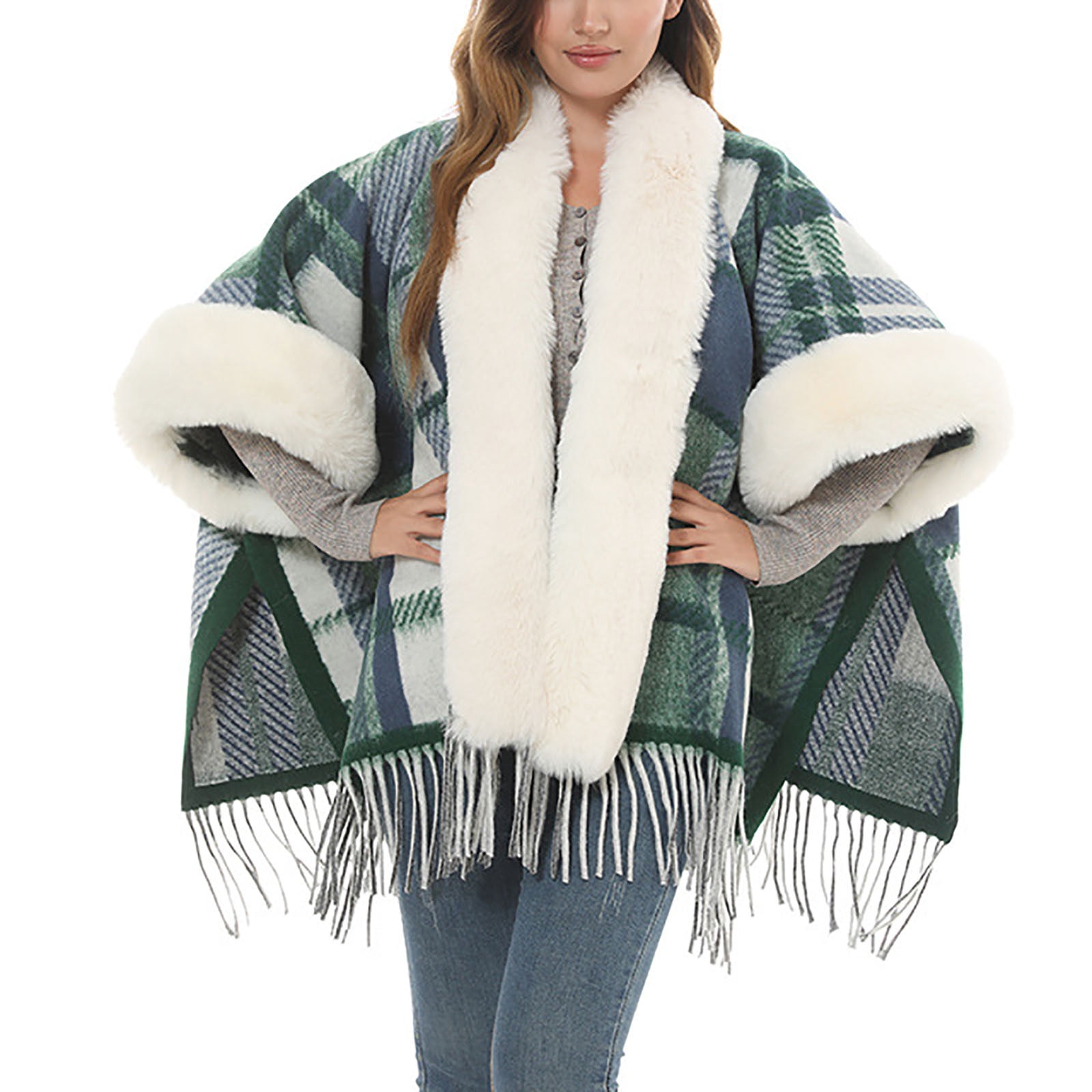 Friday deals 2024 Xysaqa Women's Faux Furs Trim Plaid Poncho Cape Shawl