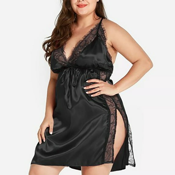 Friday deals clothes Xysaqa Women Plus Size Satin Lace Chemise Nightgown Ladies Sexy Nightwear V Neck Spaghetti Strap Full Slip Sleepwear Side Slit Mini Sleep Dress Black XXL