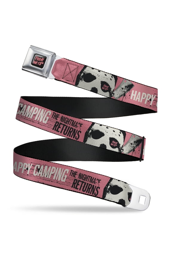 Friday the 13th Belt, Seatbelt Buckle Belt, Friday the 13th Happy Camping the Nightmare Returns Pink, Youth 22 to 32 Inches