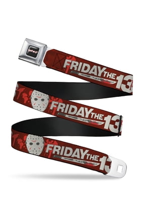 Friday the 13th Belt, Seatbelt Buckle Belt, Friday the 13th Mask and Machete Icons Red Pink White, Youth 22 to 32 Inches