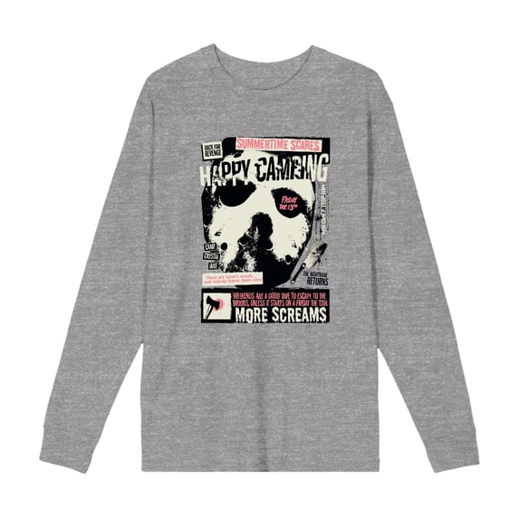 Friday the 13th Broken Mirror and Bloody Mask Adult Heather Gray Crew Neck Long Sleeve Tee-XXL