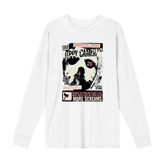 Friday the 13th Broken Mirror and Bloody Mask Adult White Crew Neck Long Sleeve Tee-XXL