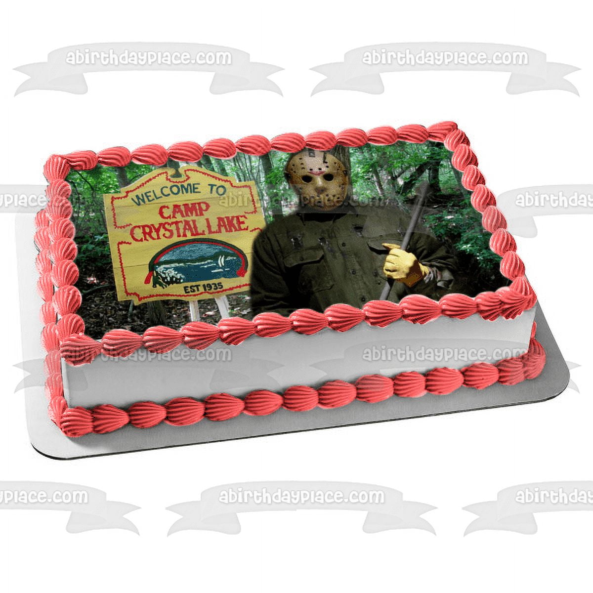 Jason Topper Friday the 13th Camp Crystal Lake Sign and Jason Voorhees Edible Cake ...