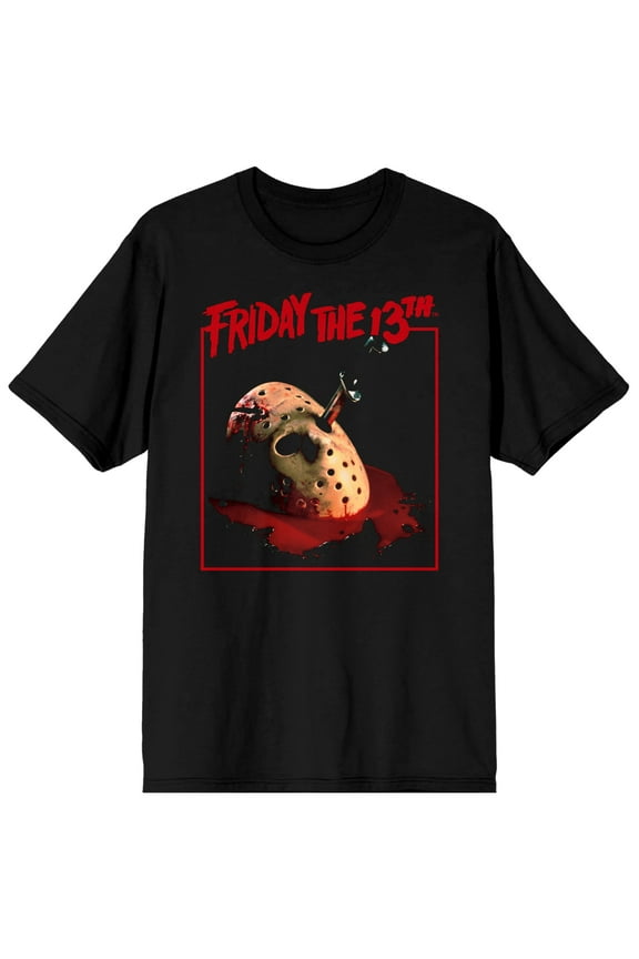 Friday the 13th Horror Movie Jason Bloody Mask Mens Black Graphic Tee Shirt -L