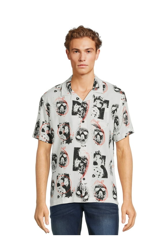 Men’s and Big Men’s Mask Scribble Button Front Shirt with Short Sleeves, Sizes S-3XL