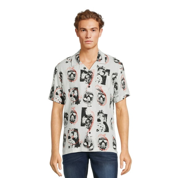 Friday the 13th Men’s and Big Men’s Mask Scribble Button Front Shirt with Short Sleeves, Sizes S-3XL