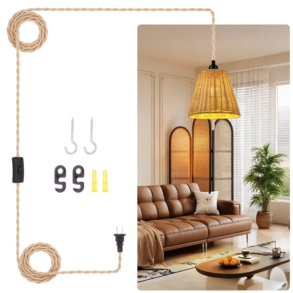 Frideko Bamboo Plug in Pendant Light, Hand Woven Rattan Hanging Lamp with 15ft Hemp Rope Cord On/Off Switch, E26 Pendant Light Fixture for Dining Room Kitchen Living Room Bedroom (Without Bulb)