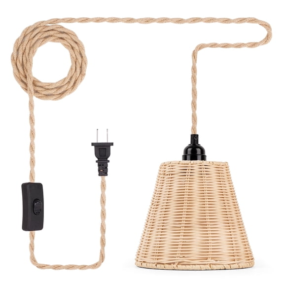 FRIDEKO Bamboo Plug in Pendant Light, Wicker Hanging Lamp with 15ft Hemp Rope Cord On/Off Switch, E26 Base Pendant Light Fixture for Dining Room, Kitchen, Living Room, Bedroom (Without Bulb)