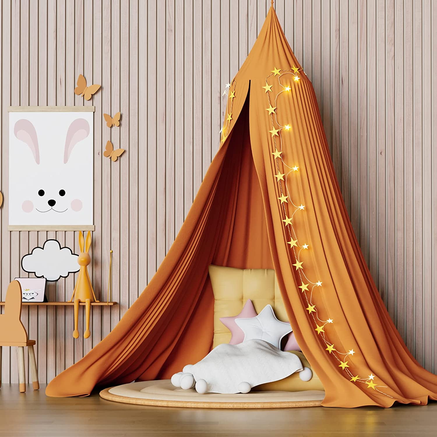 Frideko Bed Canopy with Mosquito Net and Fairy String Lights - Burnt ...