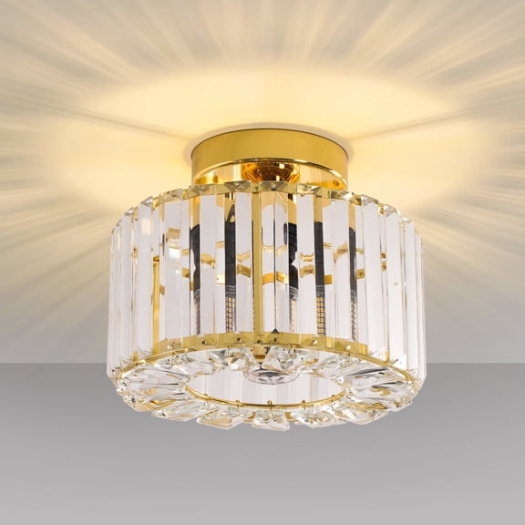 FRIDEKO HOME Crystal Ceiling Light Fixture, Modern Semi Flush Mount Ceiling Light, 9 inch, Gold Clear Crystal Lighting for Kitchen, Entryway, Bedroom,Hallway (Without Bulb)