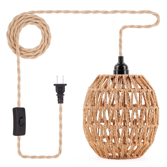Frideko Home 15ft Rattan Pendant Light, Plug in Cord Pendant Light Fixture, E26 Base Hanging Lights with On Off Switch for Dining Room Kitchen Island Living Room Bedroom (Without Bulb)