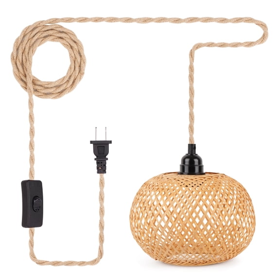 7.9" x 6" Boho Plug in Pendant Light Fixture, Wicker Rattan Hanging Lights, 15ft Hemp Rope Cord with On/Off Switch, E26 Bulb Base (Without Bulb), Farmhouse Hanging Lamps for Living Room