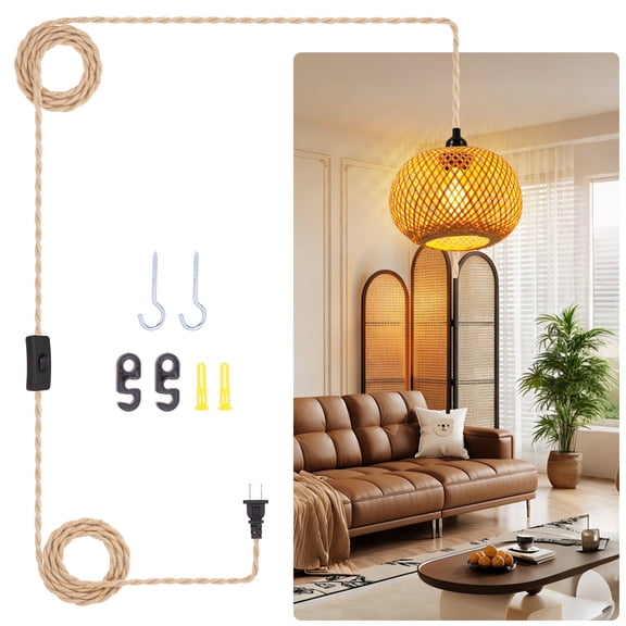 Frideko Home Boho Plug in Pendant Light, Wicker Rattan Hanging Lights with 15ft Hemp Rope Cord On/Off Switch, E26 Farmhouse Hanging Lamps for Dining Room Kitchen Living Room Bedroom (Without Bulb)