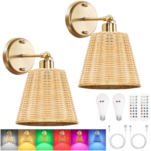 FRIDEKO Rattan Battery Operated Wall Sconces Set of Two with Remote, RGB 15 Colors Dimmable Rechargeable Wall Light, 5000mAh LED Wall Lamp with 3 Timer, Farmhouse Boho Wall Lighting for Bedroom