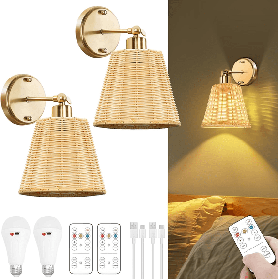 Frideko Rattan Wall Sconces Set of 2, Dimmable Wireless Lamps with Remote