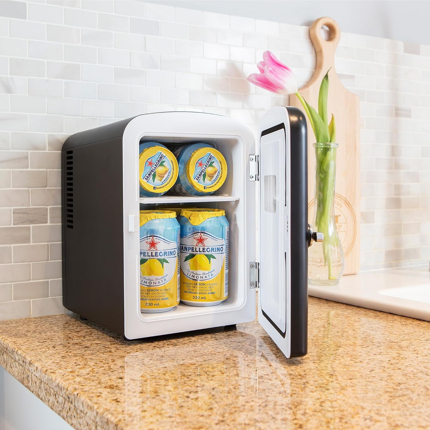 Fridge Black Refrigerator 6 Can Portable Cooler for Bedroom Office Dorm Car Compact Fridge for Drinks Makeup Skincare Dual Power 12V 110V