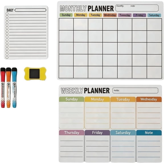 Fridge Calendar for Refrigerator, Dry Erase Calendar Whiteboard Planner Set with Markers, Fridge Whiteboard Weekly Monthly Menu Board Meal Planner Organizer Chore Chart for Kitchen