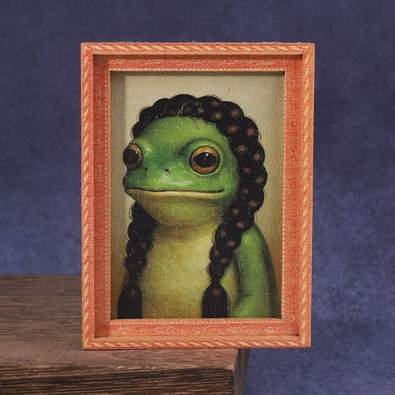 Fridge Decor, Animal Wall Art Frog Portrait Print, Wooden Picture Frame 3.5X2.5 Inch Size, for Fridge Removable, Quirky Vintage Framed Frog Art Display for Kitchen Refrigerators,
