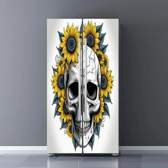 Fridge Door Wrap Vinyl Sticker Decor Front Refrigerator PVC Wallpaper Decal Sunflower skull (6)