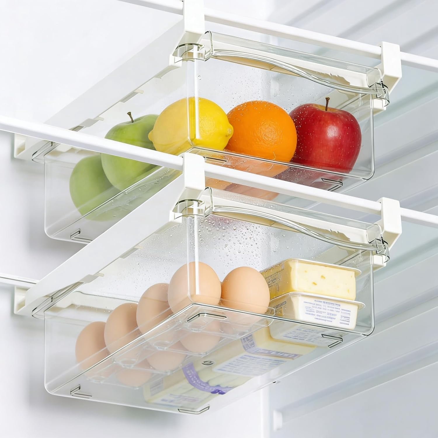 Fridge Drawer Organizer, Adjustable Refrigerator Drawers for Fruit and Vegetable, Pull Out with Handle, Shelf Holder Storage Box, Fit for Fridge Shelf Under 1.1"