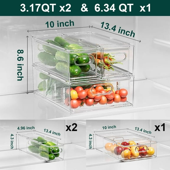 Fridge Drawers 3-Pack Clear Stackable Pull Out Refrigerator Organizer Bins for Kitchen Freezer Vanity Storage