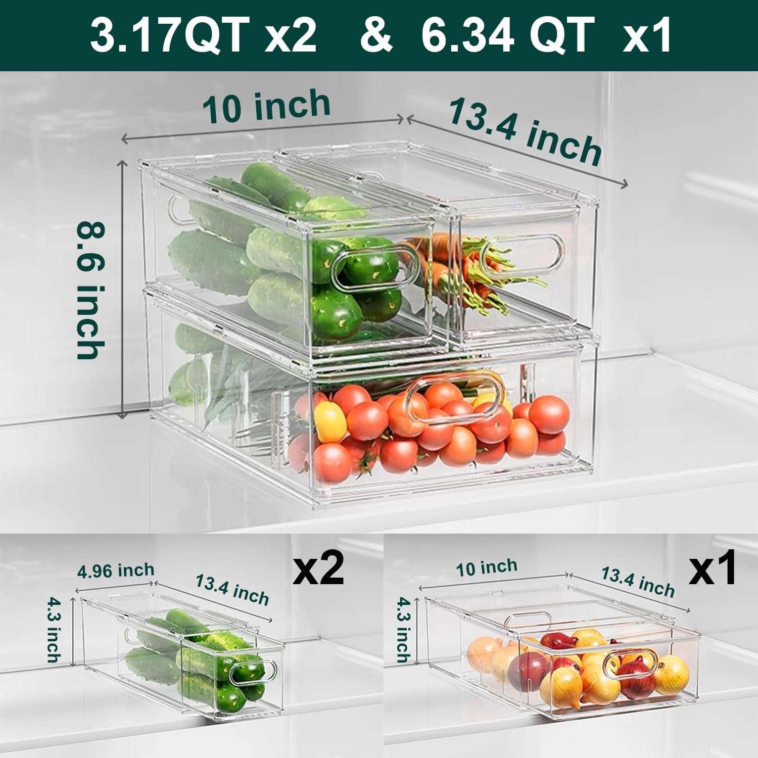 Fridge Drawers, 3-Pack Stackable Pull Out Refrigerator Organizer Bins ...