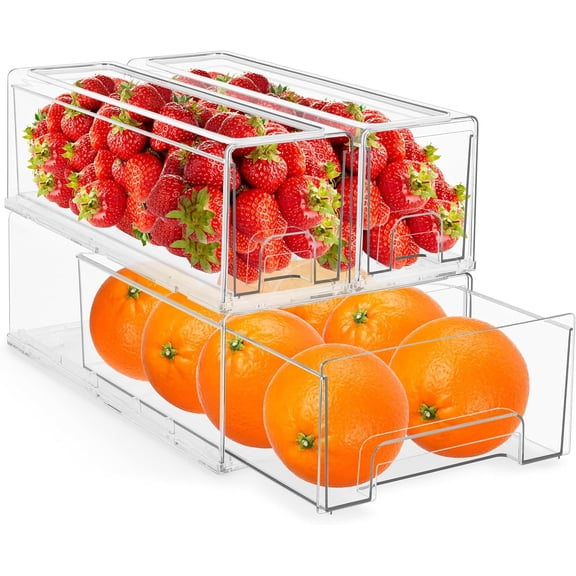 Fridge Drawers - Clear Stackable Pull Out Refrigerator Organizer Bins - Food Storage Containers for Kitchen, Freezer, Vanity & Fridge (3 Pack | 1 Medium, 2 Small Stackable Drawer Bins)