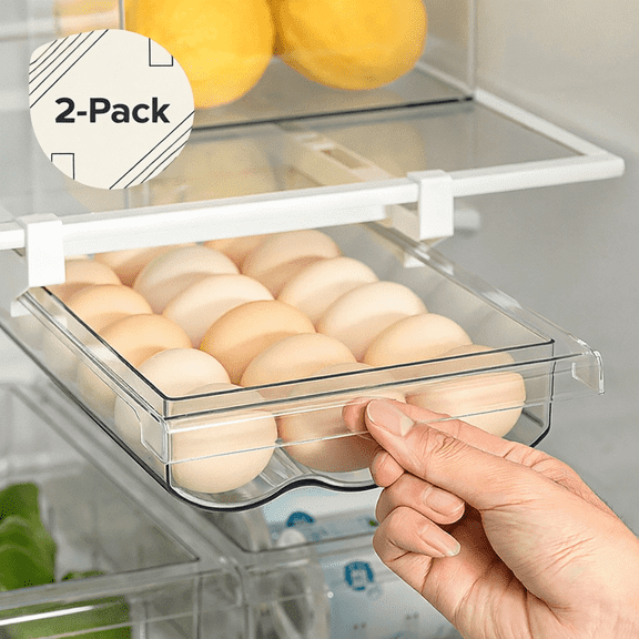 2 Pack Fridge Egg Organizer, Rolling Egg Storage Box w/ Soft Bumpers & Handle, Space-Saving